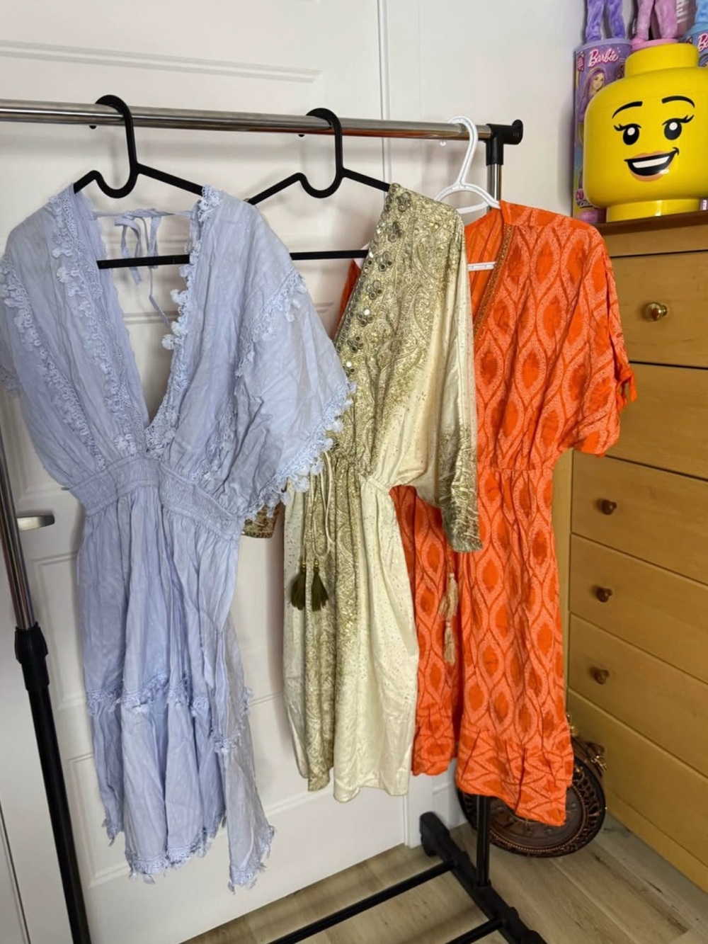 Set of 3 Dress - Light Blue, Orange and Beige Lace Trim V-Neck Dress